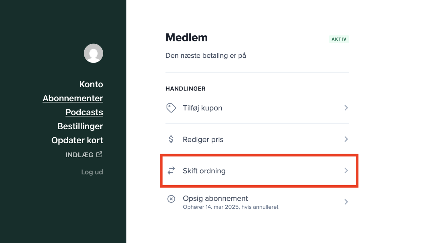 Skift abonnementsordning på din medlemskonto