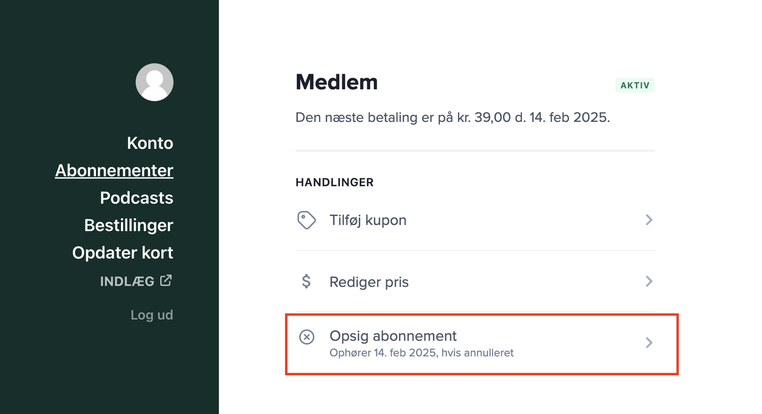 Find Opsig abonnement på din konto