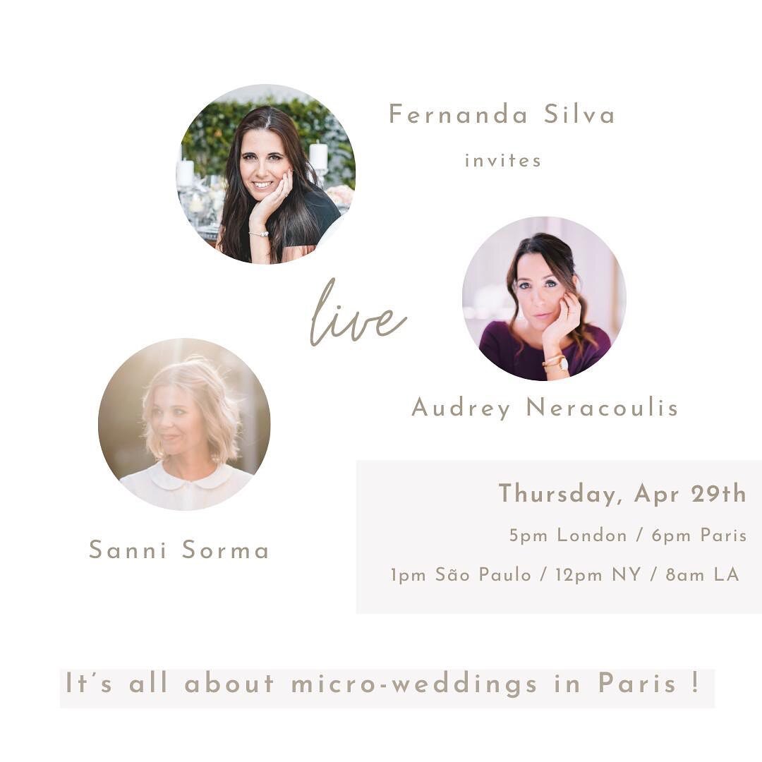 Hello BRIDES! Let&rsquo;s meet LIVE on instagram tomorrow (Thursday) to talk about micro-weddings in Paris !! And for the occasion I have invited two women that are super specialists in the area (together with myself ). Check out this team !!
.
Sanni