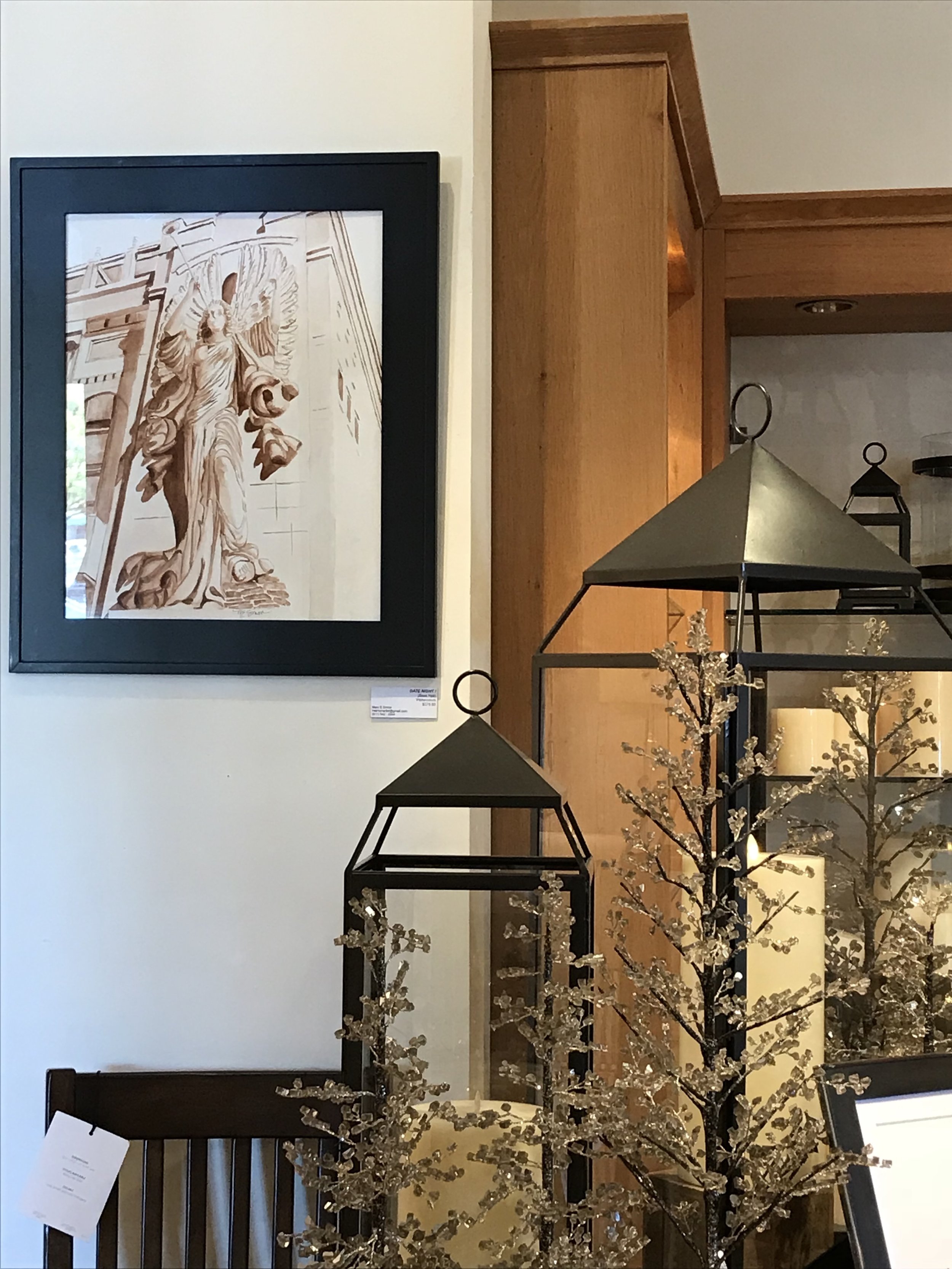   Date Night  (Bass Hall angel, watercolor) hanging at the Pottery Barn, Ft Worth, November 2017. Guest Artist. 