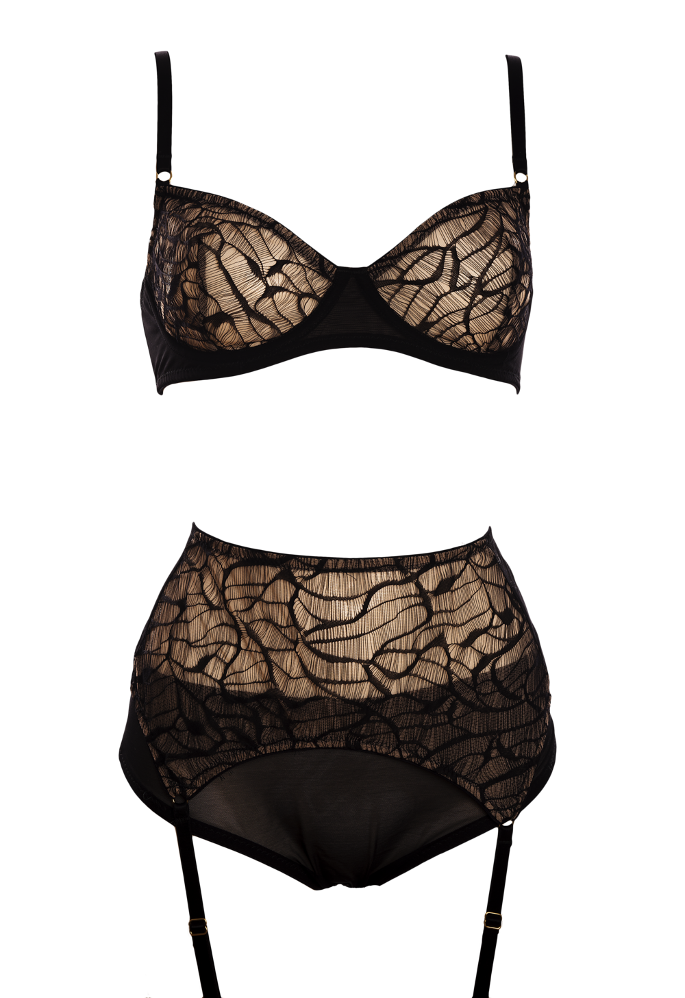 Goliath Webbed Soft Cup Bra, Suspender Belt & Deep Brief