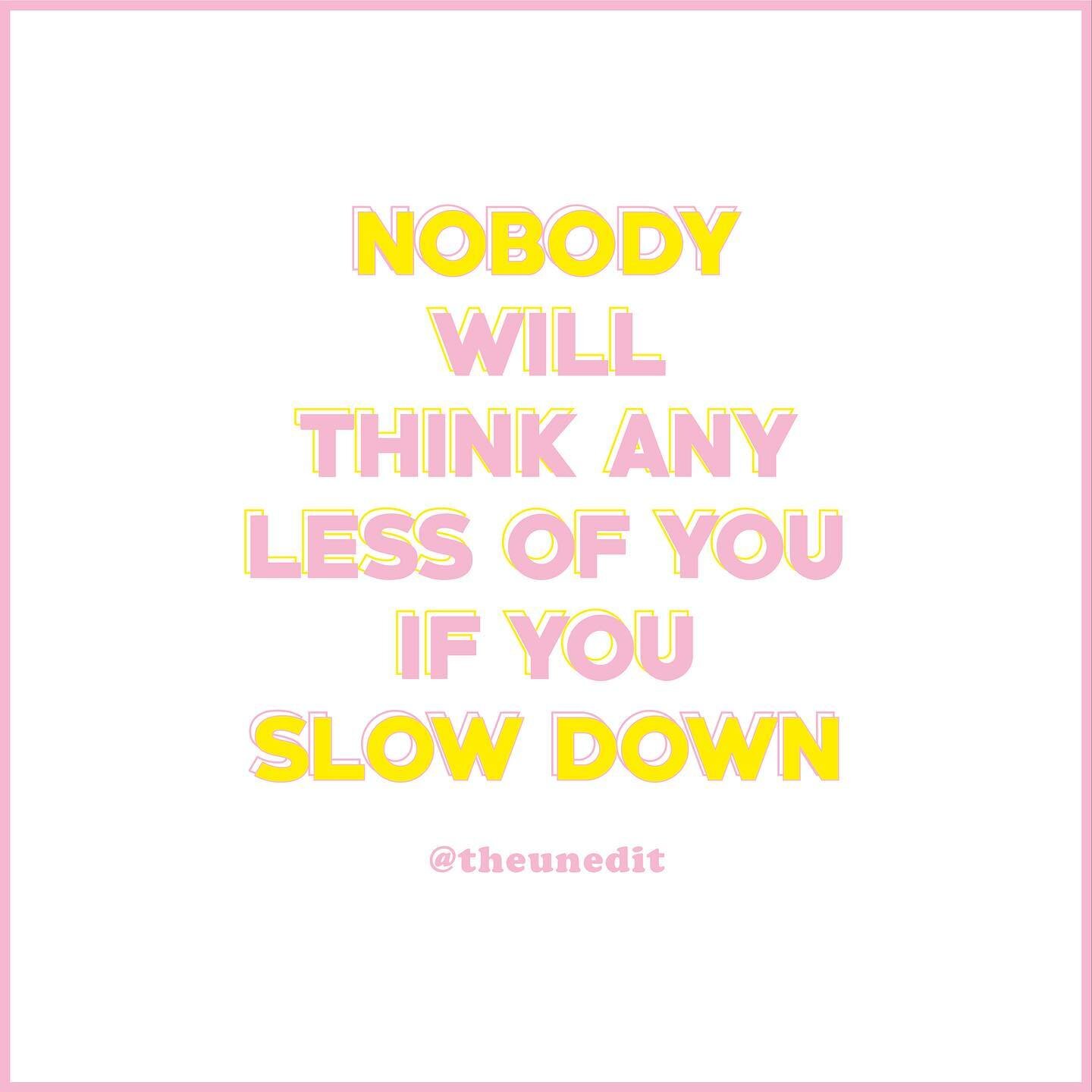 Glorifying busyness is the blueprint for burnout &ndash; you're allowed to press pause ✨⁠⠀
&bull;⁠⠀
[image description: Pink and yellow text reading &ldquo;nobody will think any less of you if you slow down&rdquo; on a white background with a pink bo