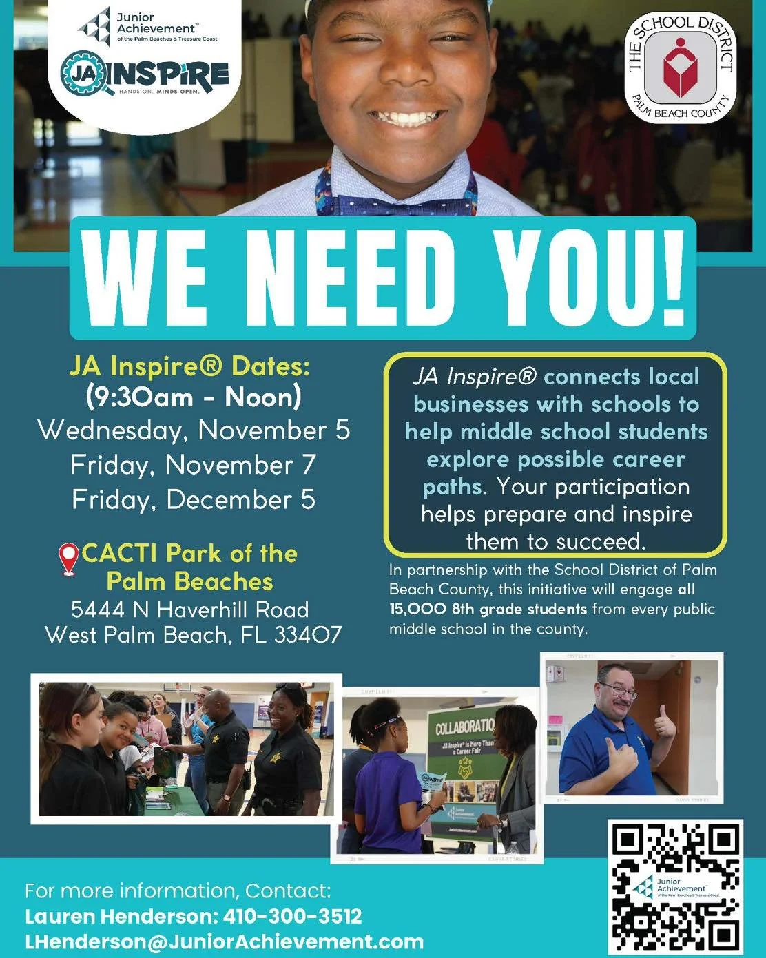 Day 1️⃣ of JA Inspire is just 1️⃣ week away! 

Come out to CACTI Park to showcase your industry to up to 15,000 8th-grade students during these interactive career fairs. 📆 ⚾️

Become a vendor to help ignite curiosity, inspire students, and build con