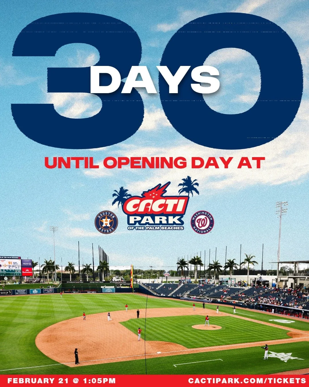 Let the countdown begin! ⏰

We're officially 1️⃣ month out from Opening Day at CACTI Park⚾️

Secure your tickets now at cactipark.com/tickets 🎟

 #springtraining #nationals #astros #countdown