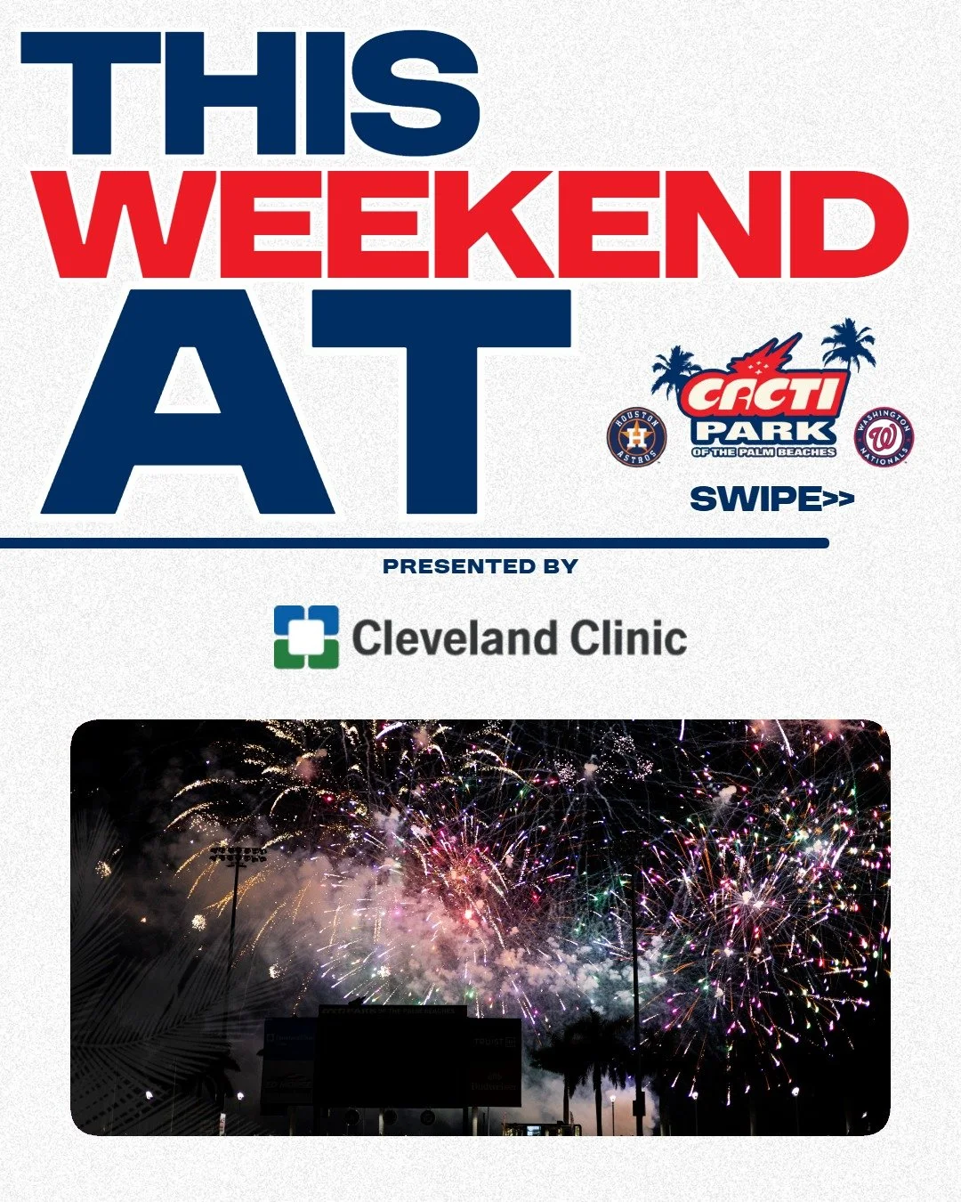 HUGE Weekend ahead at CACTI Park 🎆🎇

Check out all the fun we have coming up, and get your tickets at cactipark.com/tickets 🎟

#Nationals #Astros #Fireworks #springtraining