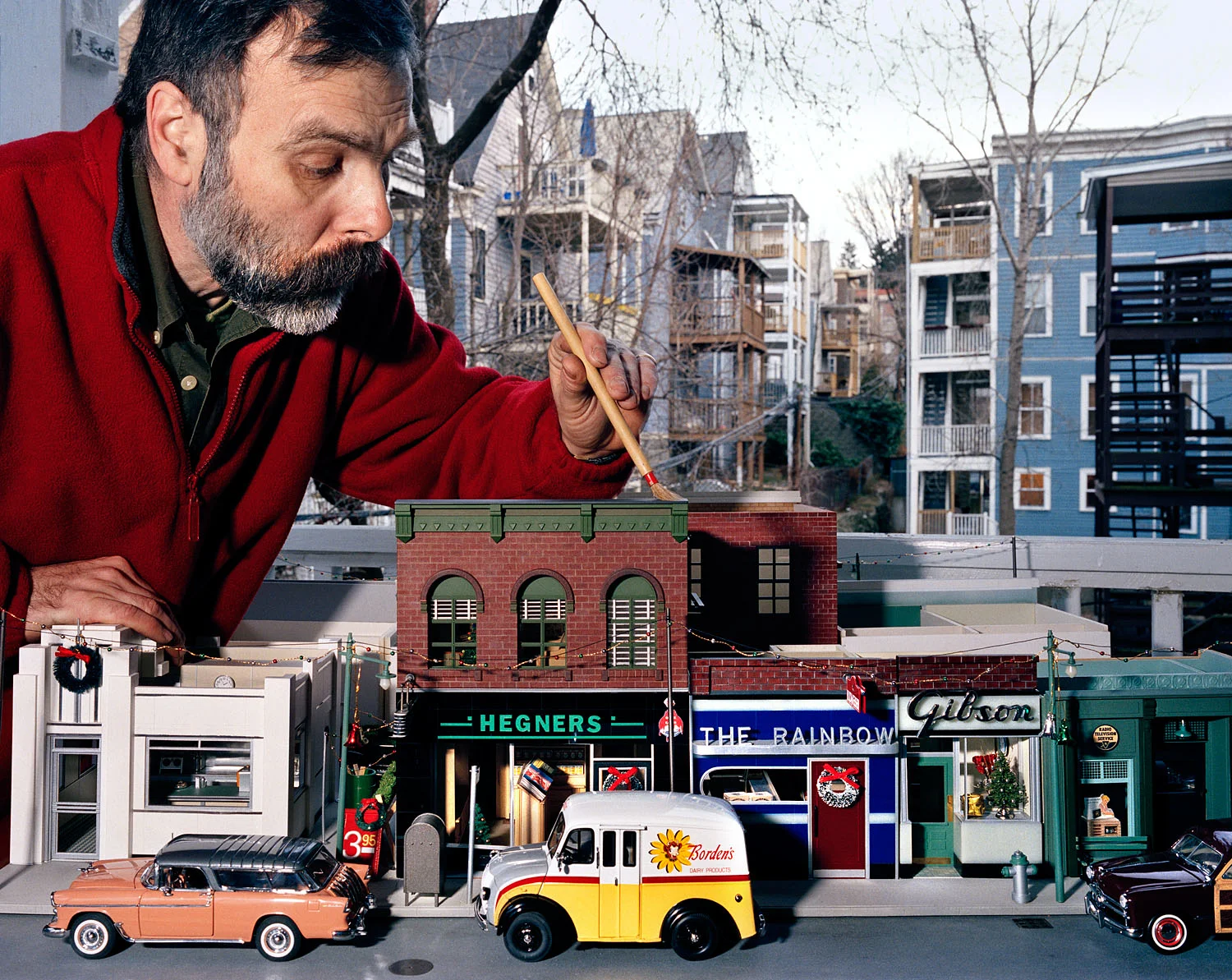Man with scale model of his hometown in Pennsylvania, Jamaica Plain, MA, 2002