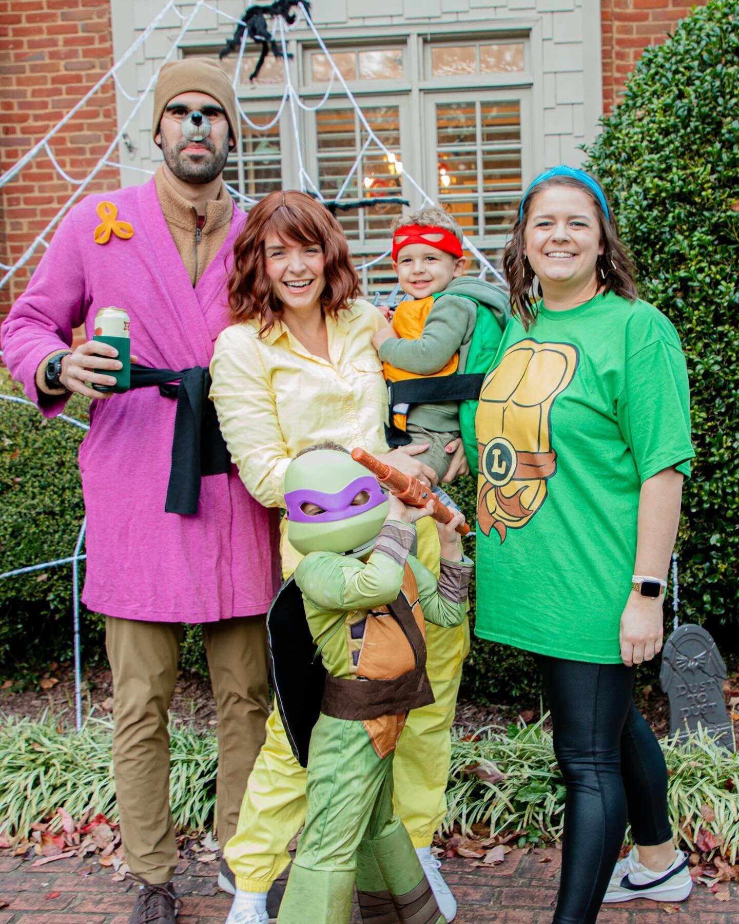 (One month late but who&rsquo;s counting?) 

Our last Halloween in GA (for a while) and we went out with a bang as the Ninja Turtle gang! 🎃 🕷️ 👻 

Michael- Splinter 🐭 🤎
Me- April O&rsquo;Neil 🎥💛
Emily- Leonardo 🐢 💙
David- Donatello 🐢 💜
And