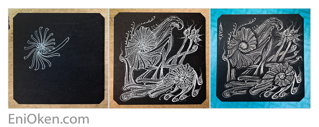 Learn to shade Zentangle® over black tile with Eni Oken's Glow on Dark technique • enioken