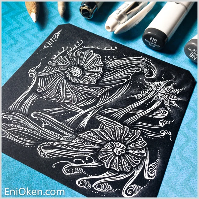 Learn to shade Zentangle® over black tile with Eni Oken's Glow on Dark technique • enioken