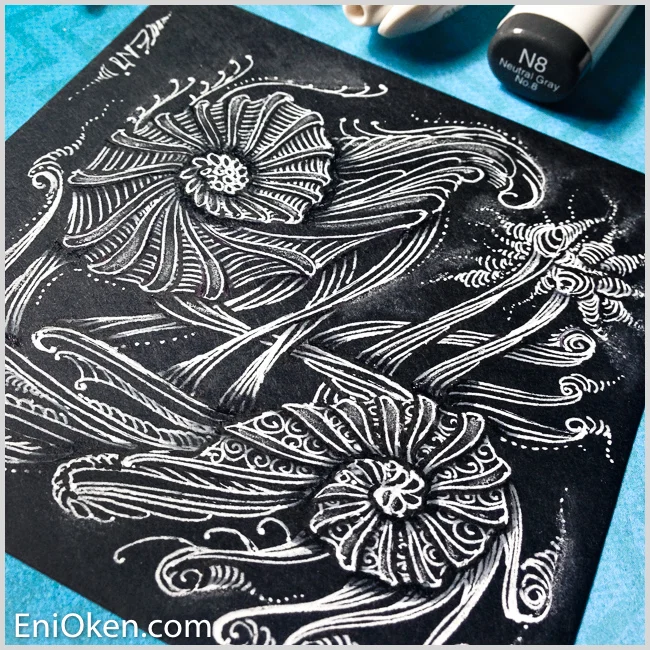 Learn to shade Zentangle® over black tile with Eni Oken's Glow on Dark technique • enioken