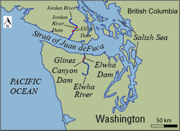 The locations of the two Jordan River and two Elwha River dams. Map adapted from the USGS.
