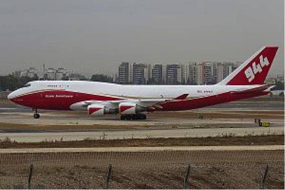The Boeing 747 SuperTanker refills after dropping fire retardant on a fire in Southern California. Creative commons image.