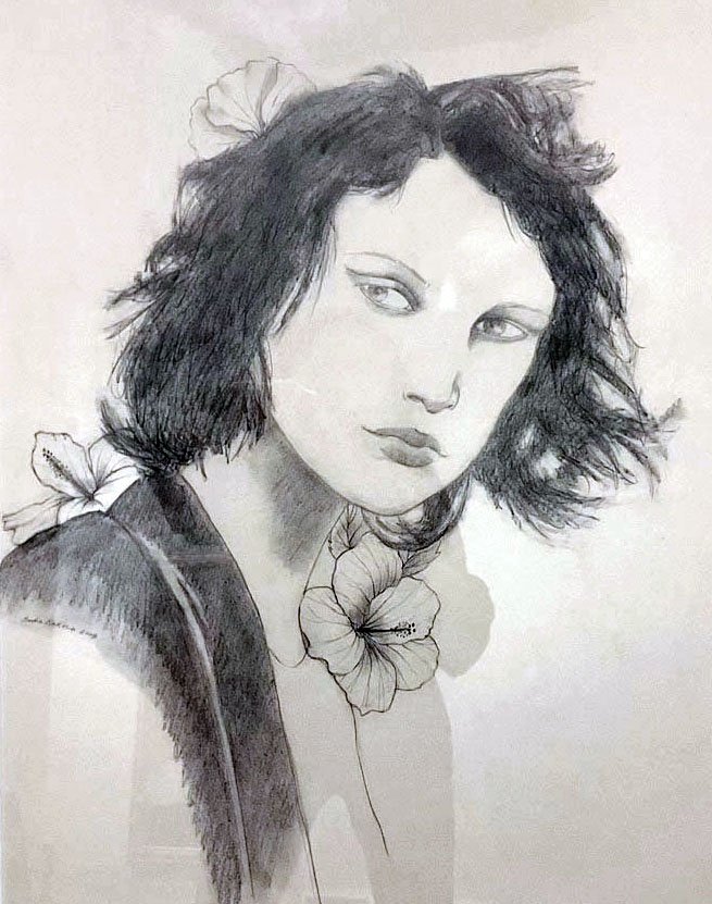 Woman with Hibiscus/Leilani  
pen and ink  
38” h x 29” w, framed  
$900 