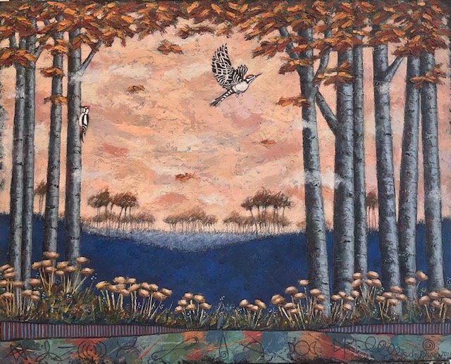 'There is a a secret vibrational language in nature' 11: trees, mushrooms and distant forests.  
cold wax and oil  
24” x 30”    
$2,400

