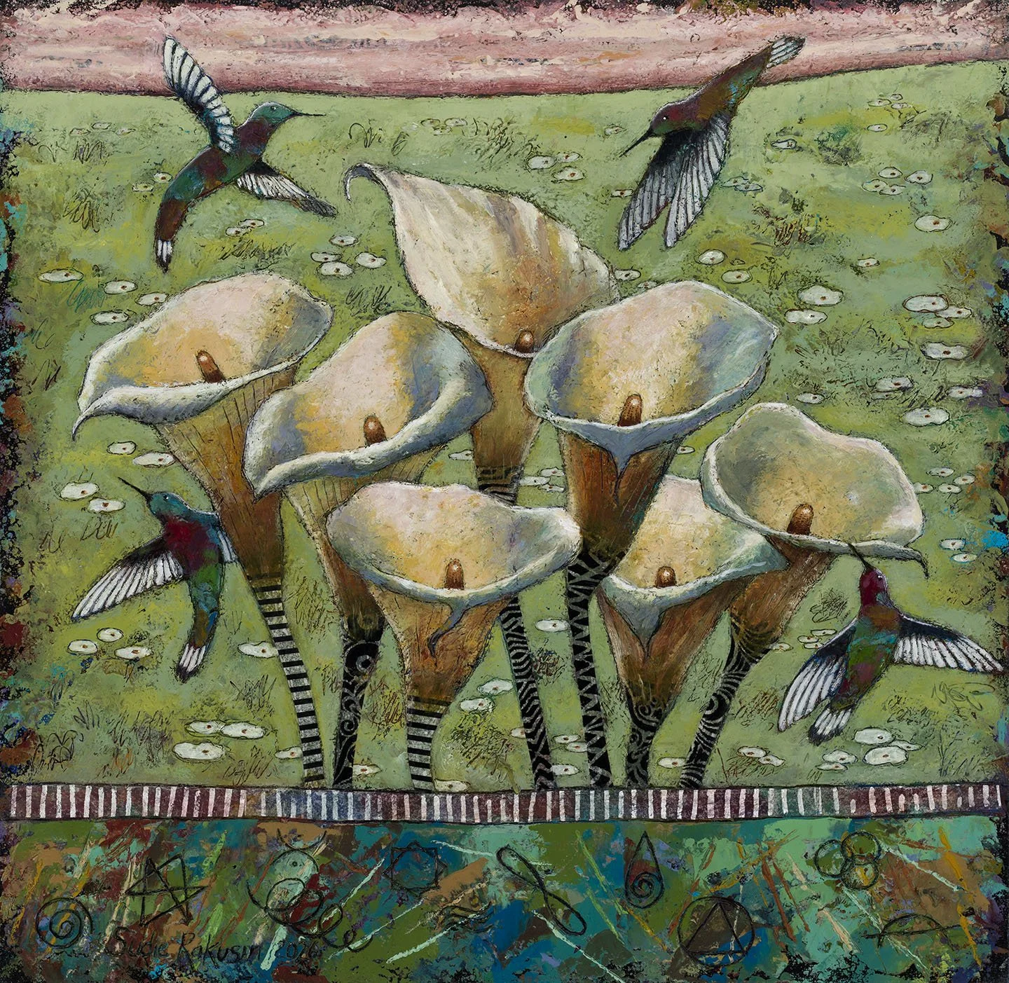 'There Exists a Secret Vibrational Language in Nature’ 7: Calla Lilies and Hummingbirds   
cold wax and oil  
18” x 18"  
$1,400