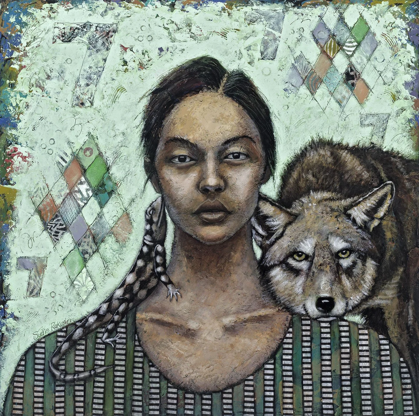 Number 7: Charming and sensuous, understands  true value and self-worth, creates safe space to heal  
2026  
Cold wax and oil and collage  
18” h x 18” w  
$1,200