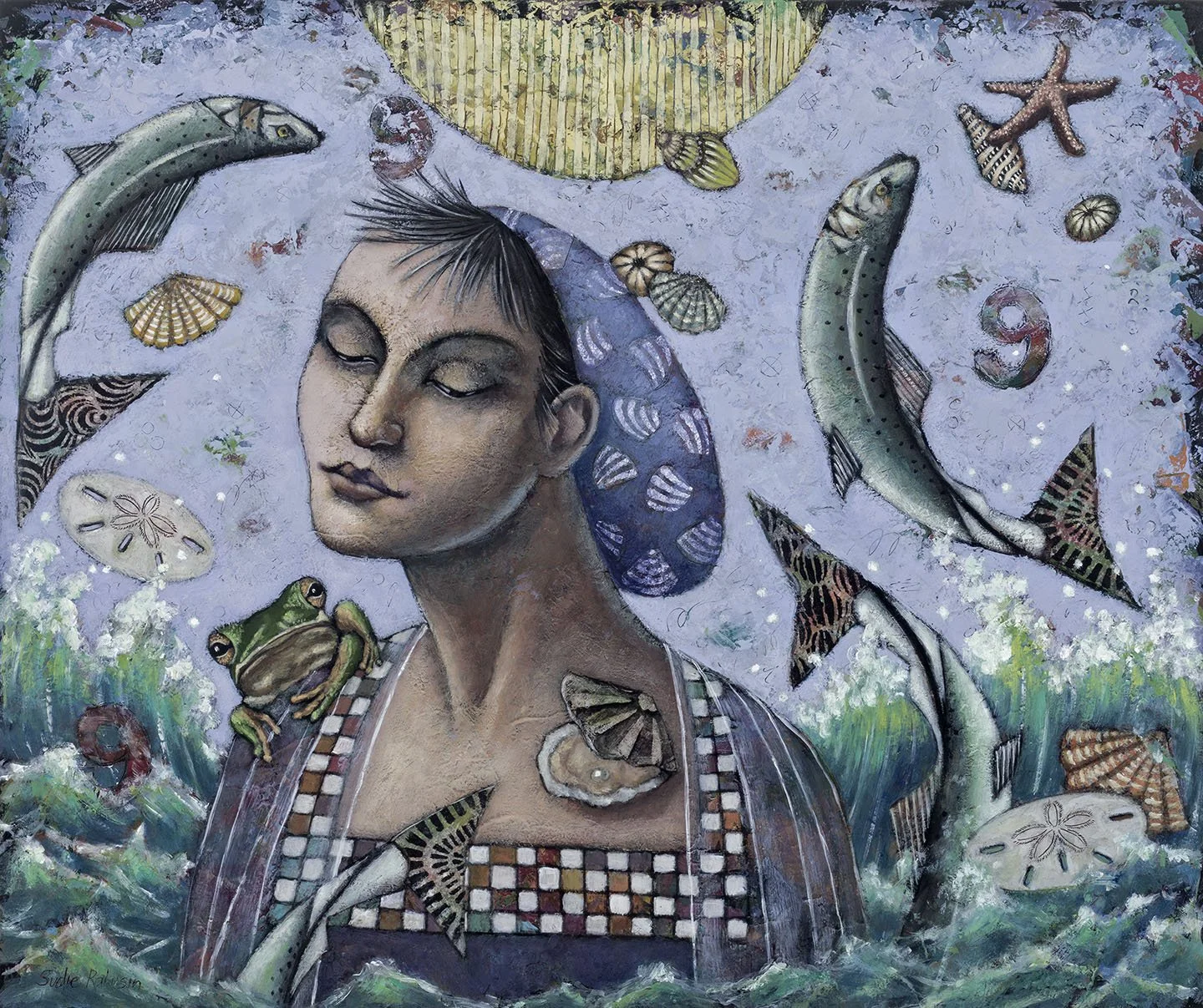 Number 9: Psychic sublime intelligence that goes beyond logic of the mind to see the Unseen, sensitivity to all senses, graceful  
2026  
Cold wax and oil and collage  
18” h x 24” w  
$1,600