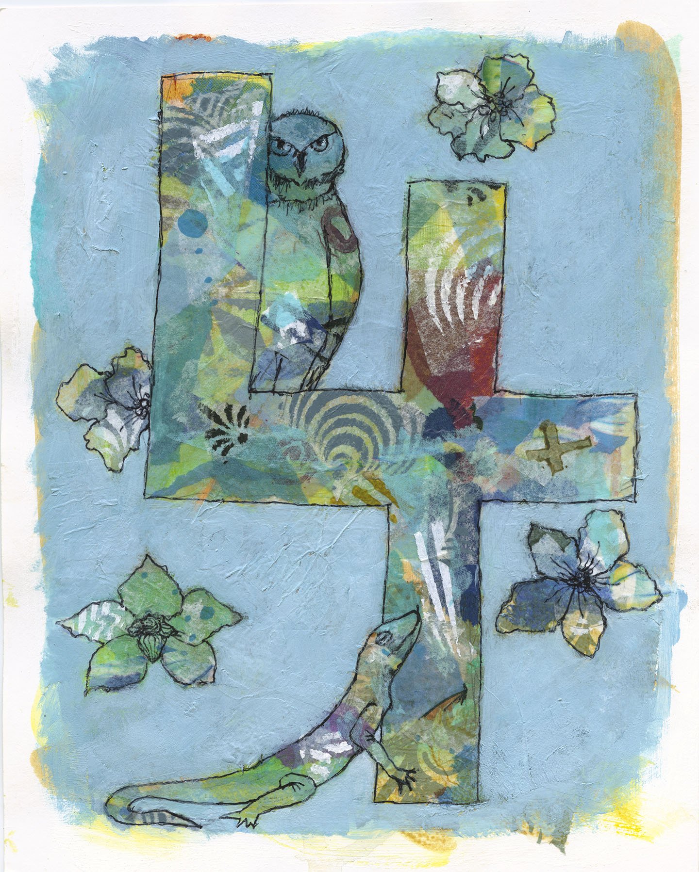 Number 4   

2026   

acrylic, pen, ink and collage   

8” w x 10 h” unframed  

12” w x 14” h framed   

$300 