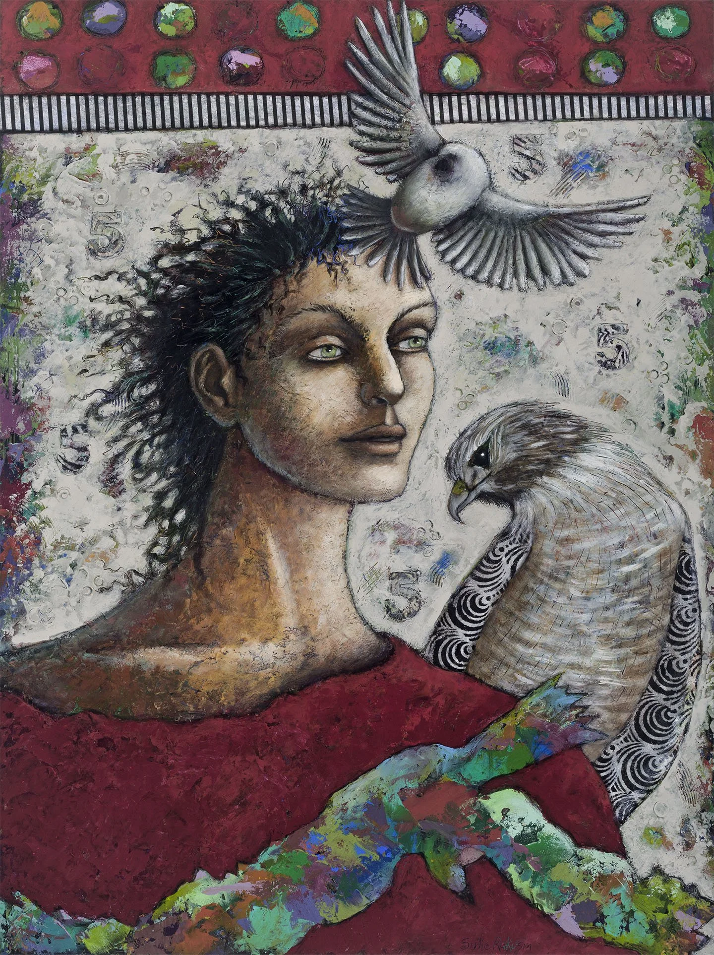 Number 5: Warrior for Justice, restores balance, cuts  through illusion, knows how to set boundaries and say ‘No’  
2026  
Cold wax and oil and collage  
24” h x 20” w  
$1,800
