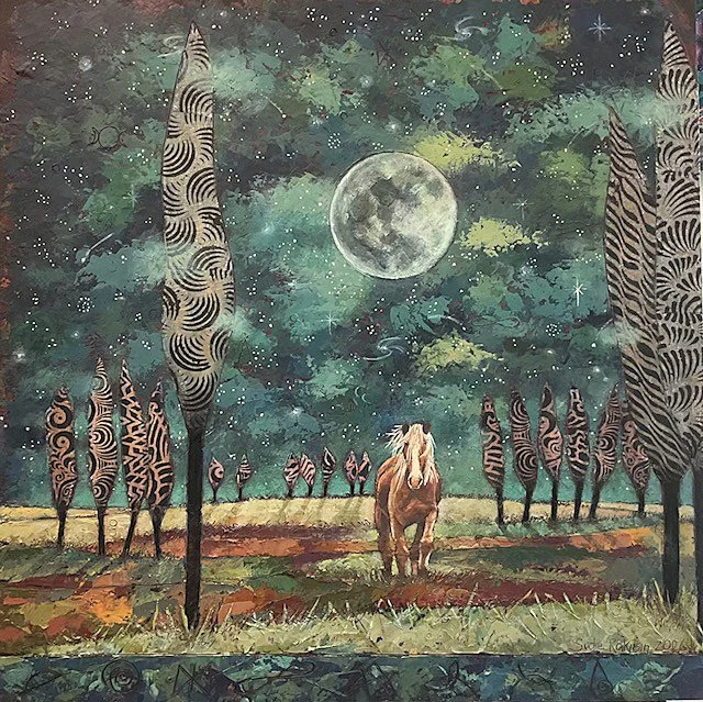 ‘There Exists a Secret Vibrational Language in  Nature’ 15: Star Filled Night and Moon  
 2026   
cold wax, oil, and collage  
24” x 24"   
$2,200
