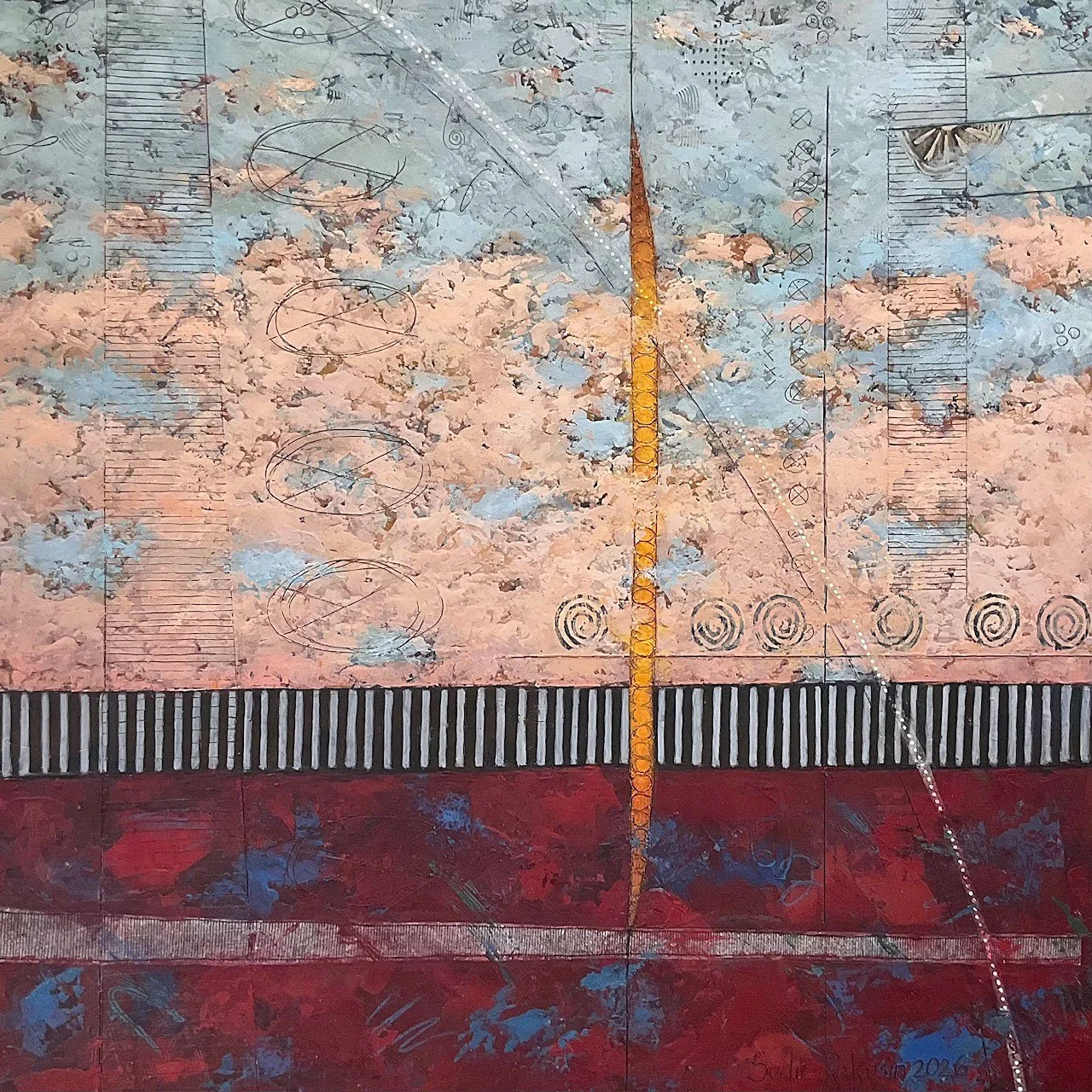 ‘There exists a secret Vibrational Language in Nature’ Triptych 1 - Left   
30” x 30”   
Cold wax, oil, collage   
$2,800