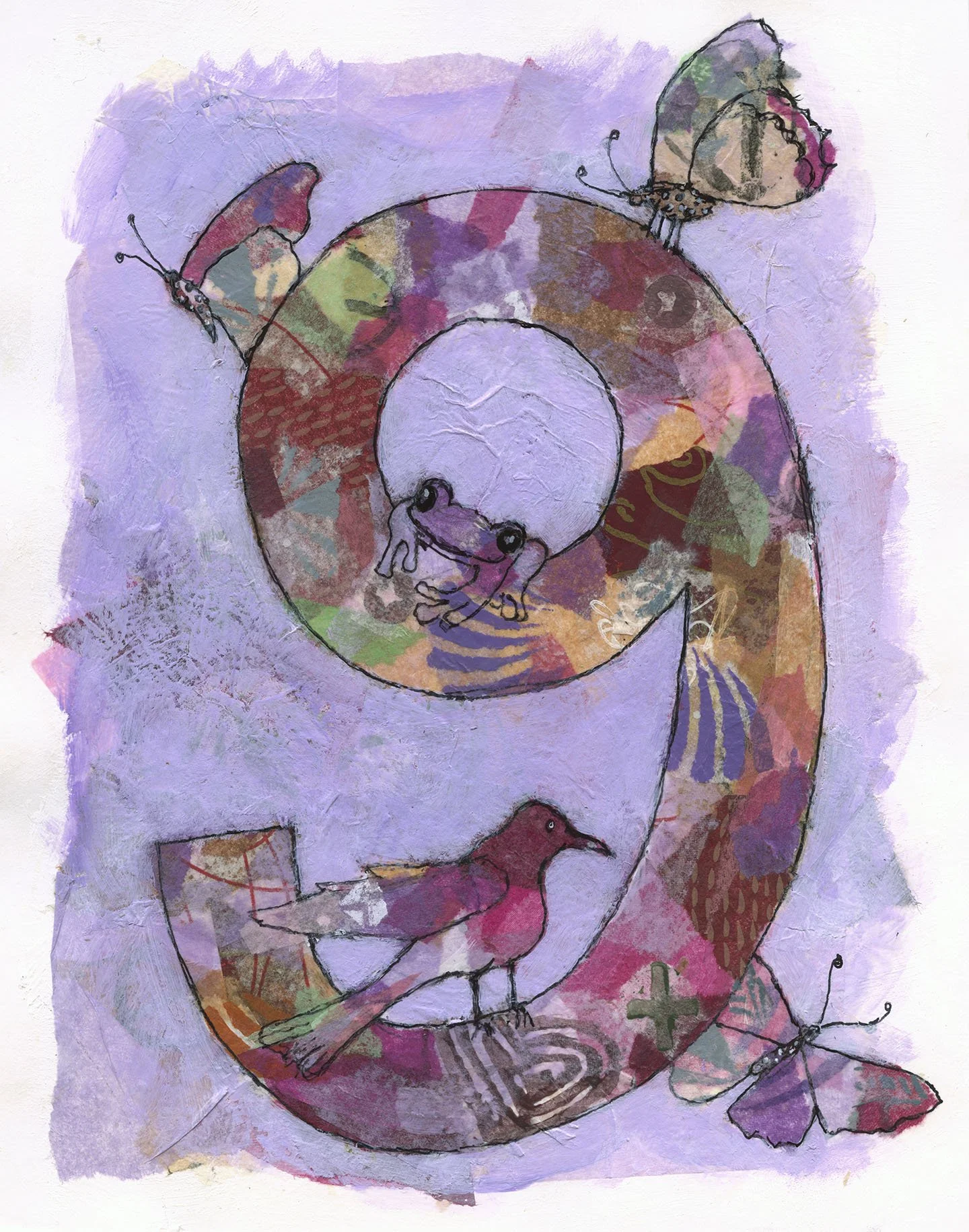 Number 9   
2026   
acrylic, pen, ink and collage   
8” w x 10 h” unframed  
12”w x 14” h framed   
$300  