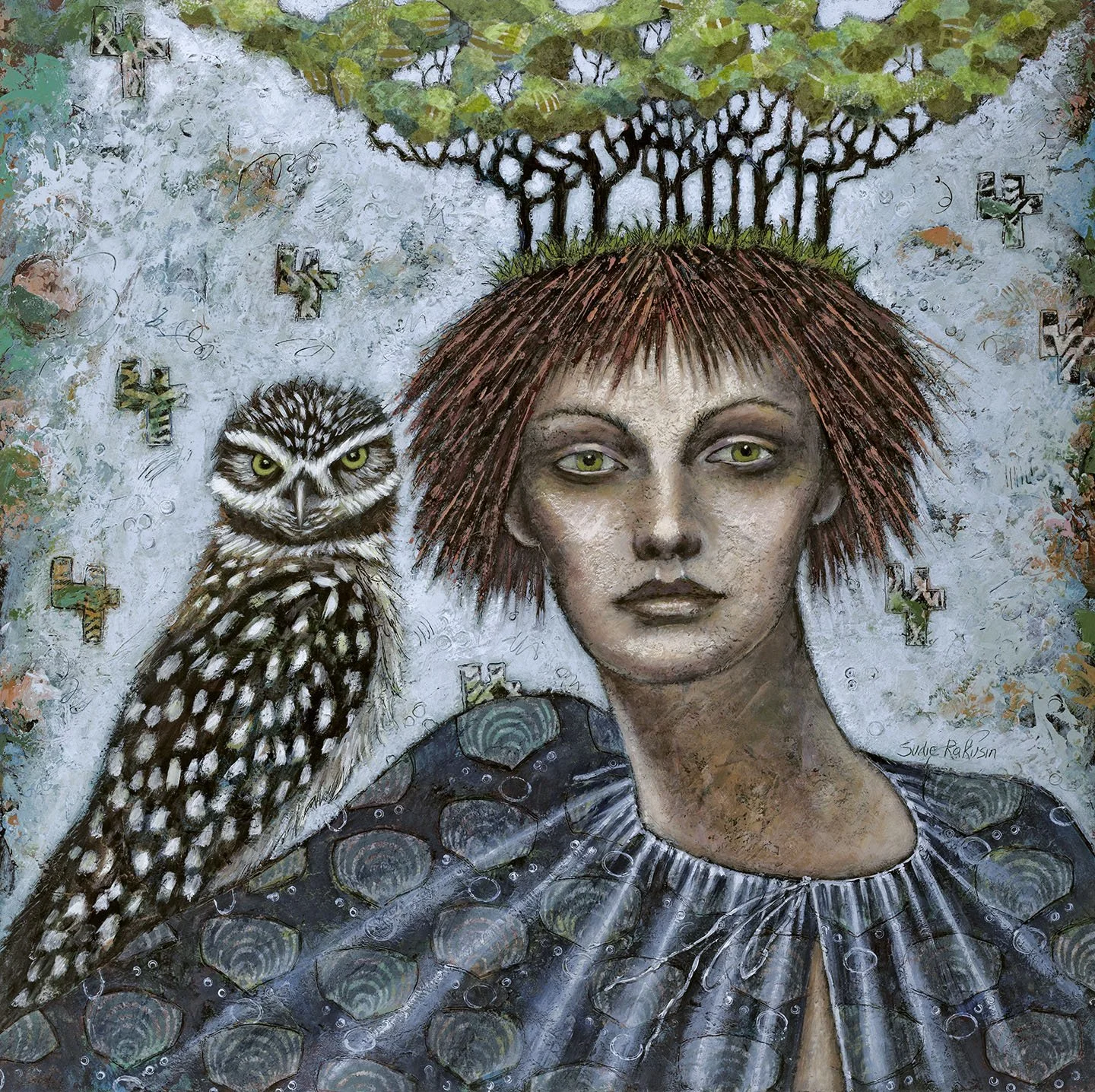 Number 4: Radical self-acceptance, trust you are where  you are meant to be and the Universe will work with you  
2026  
Cold wax and oil and collage  
18” h x 18” w  
$1,200
