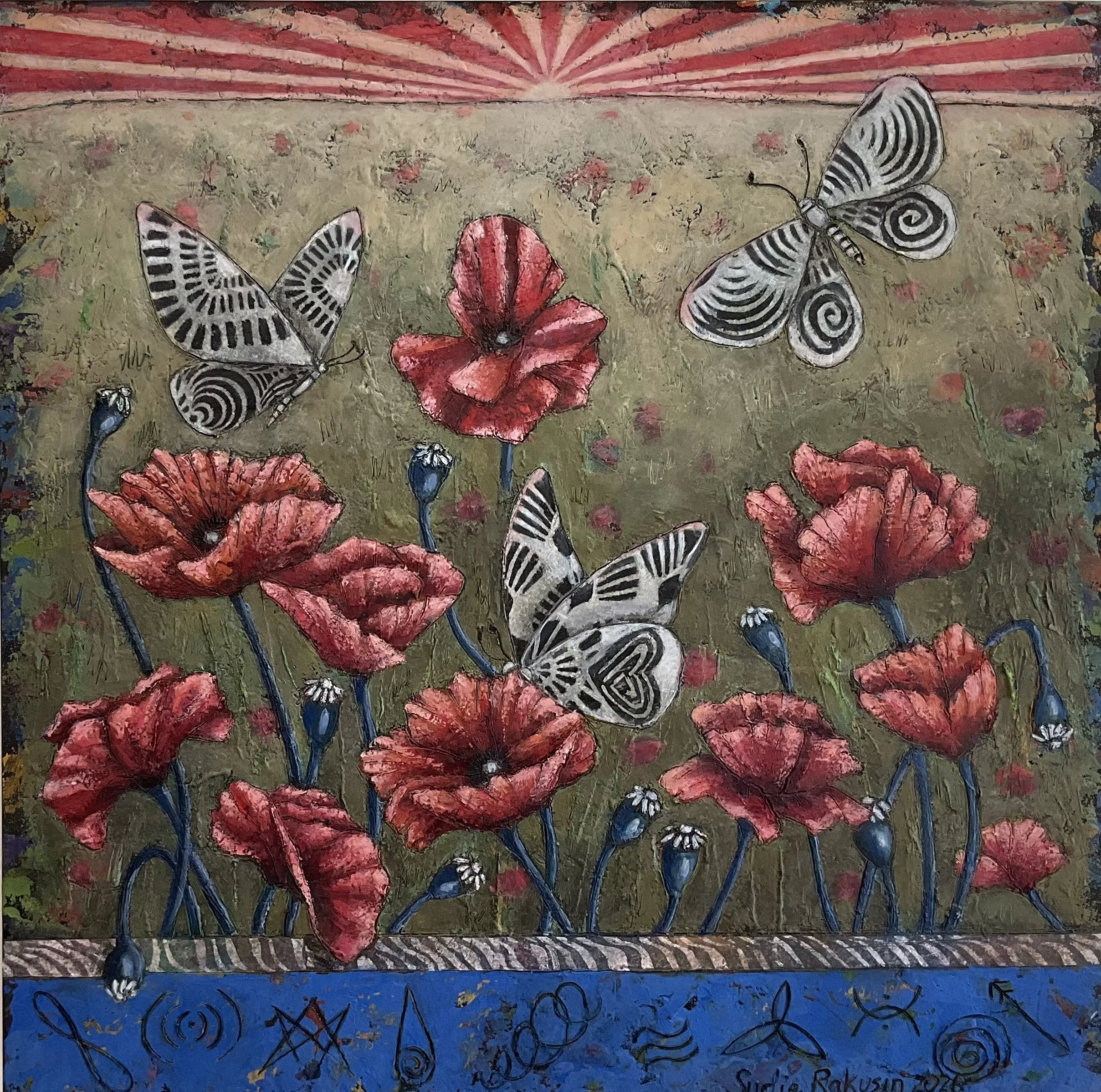 ‘There is a Secret Vibrational Language in Nature’ 9: Poppies and Butterflies   
cold wax and oil  
18” square   
$1,200