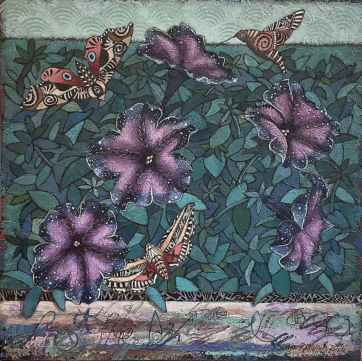 
‘There is a Secret Vibrational Language in Nature’ 10: Petunias and Hawk Moths  
cold wax and oil  
18” square  
$1,200

