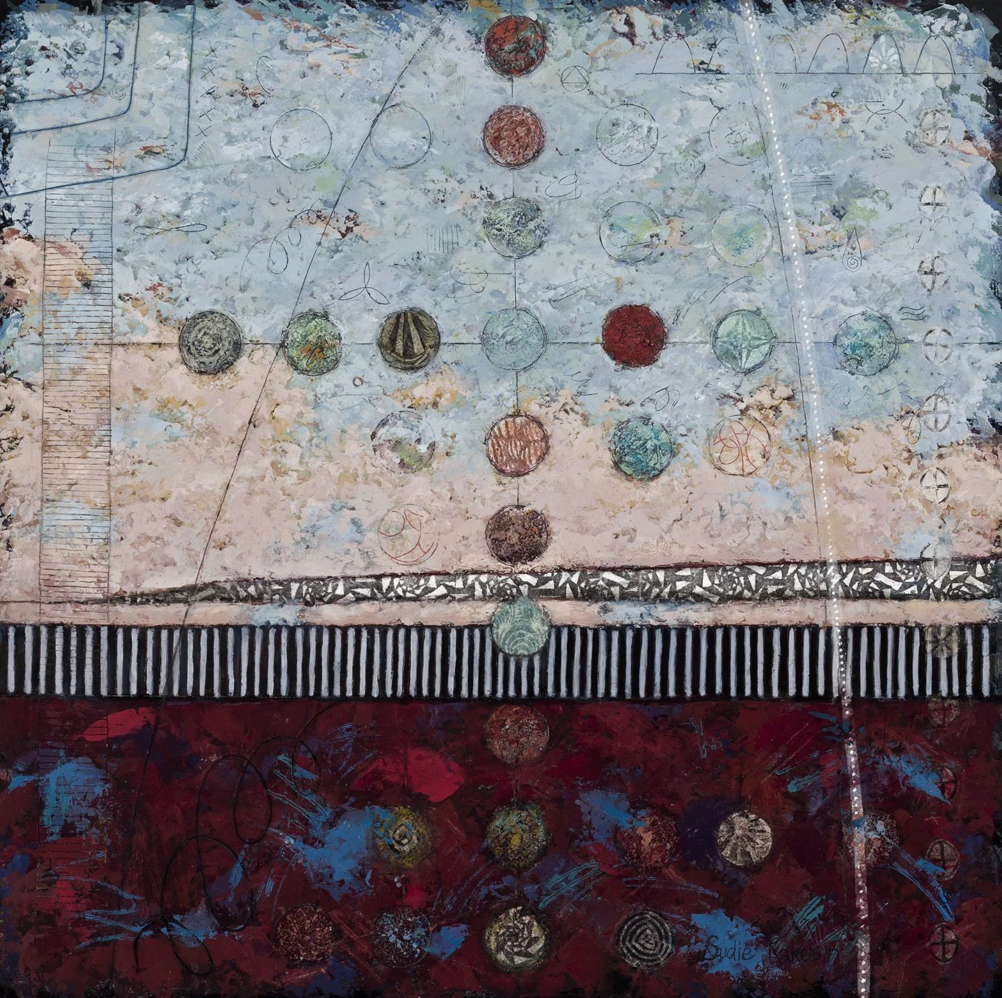 ‘There Exists a Secret Vibrational Language in Nature’  
Triptych 2 - Middle   
cold wax, oil, collage   
30” x 30”   
$2,800