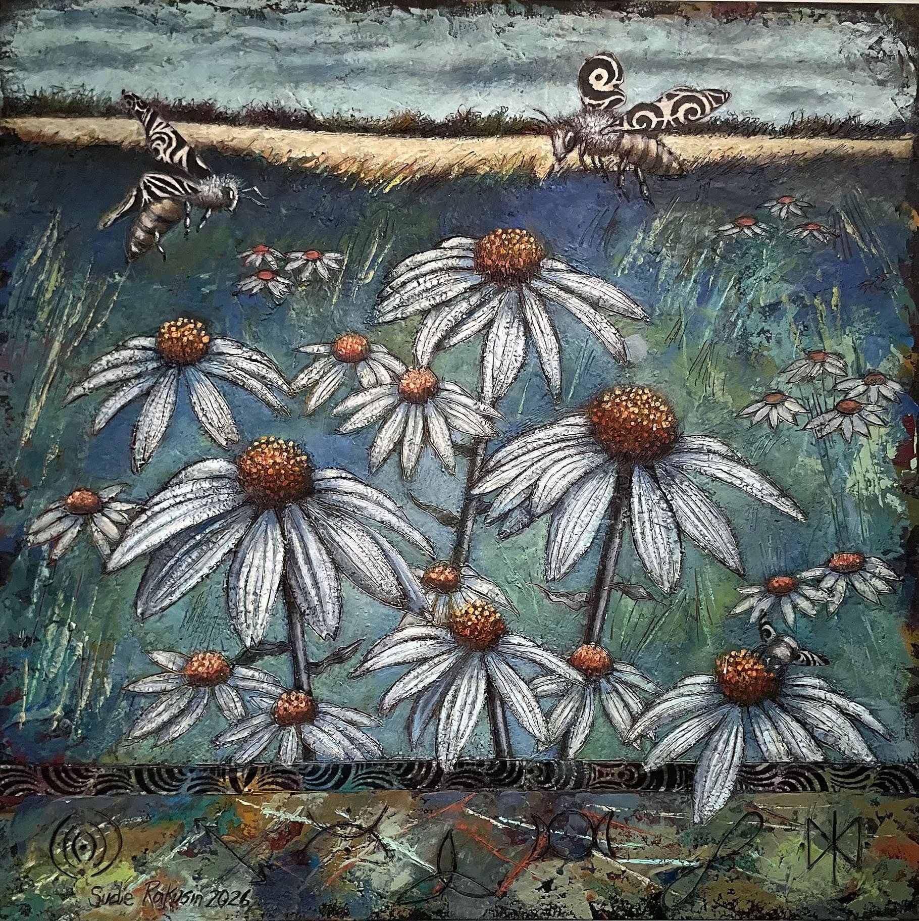 ‘There is a Secret Vibrational Language in Nature’ 8: Echinacea and Bees   
cold wax and oil  
18” square   
$1,200