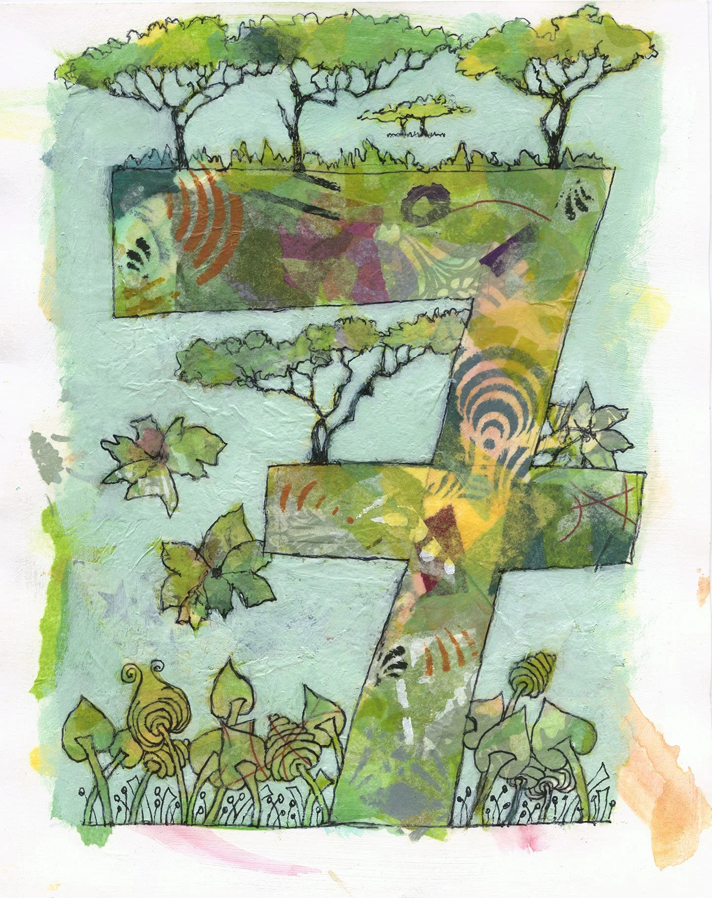 Number 7   
2026   
acrylic, pen, ink and collage   
8” w x 10 h” unframed  
12” w x 14” h framed   
$300