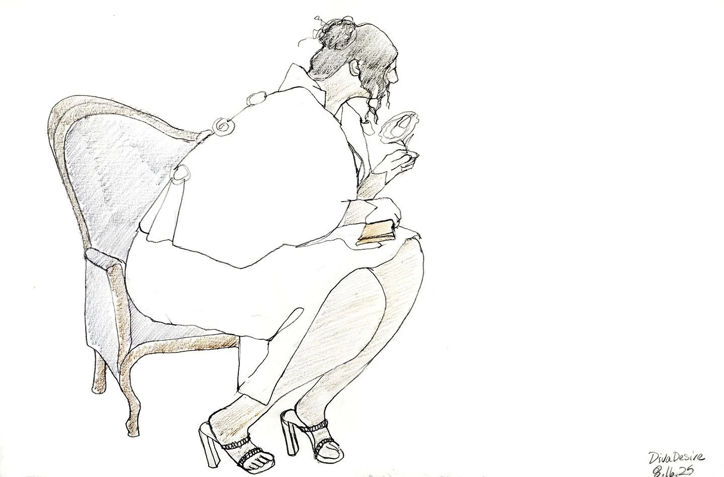 Diva Desire1  
2025   
graphite and colored pencil   
12” w x 18 h” unframed  
14” w x 20” h framed   
$300