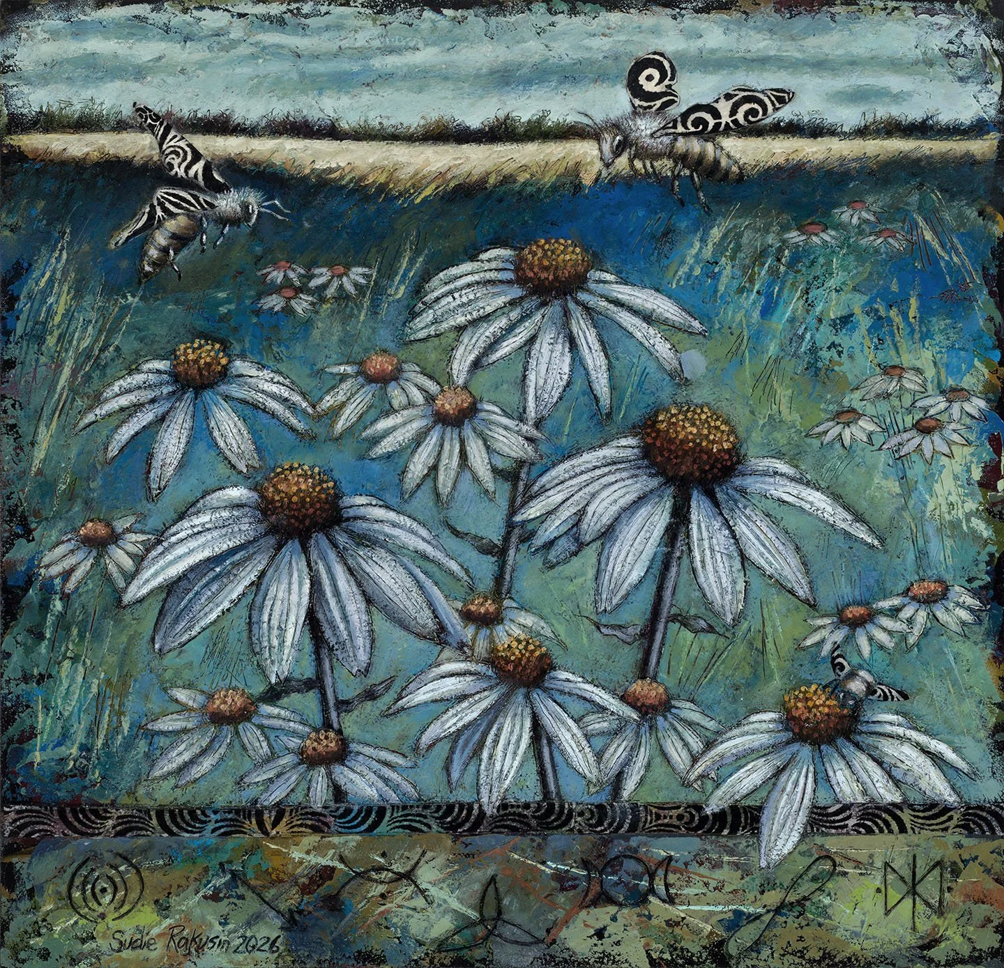 'There Exists a Secret Vibrational Language in Nature’ 8: Echinacea and Bees   
cold wax and oil  
18” x 18"    
$1,400