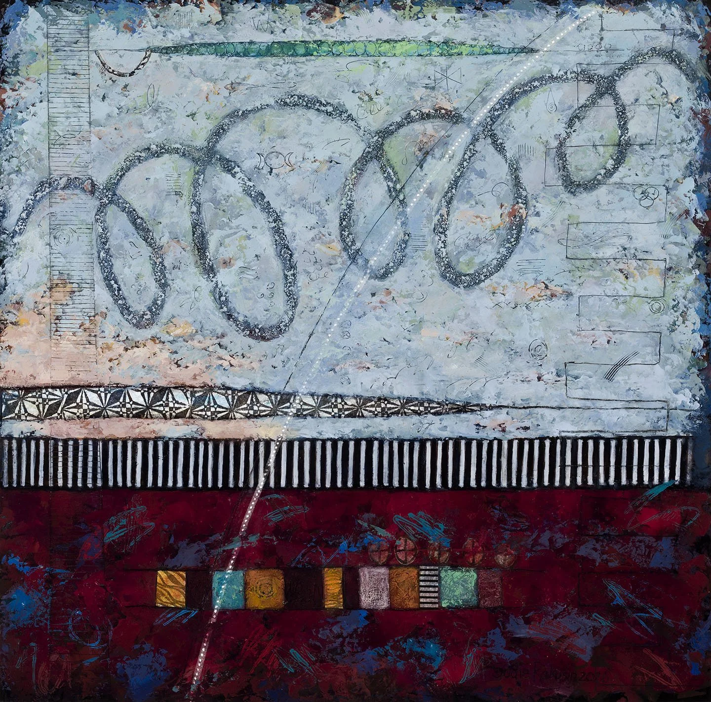‘There Exists a Secret Vibrational Language in Nature’  
 Triptych 3 - Right   
cold wax, oil, collage  
30” x 30”   
 $2,800