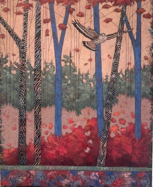 'There Exists a Secret Vibrational Language in Nature’ 13: Trees, Distant Forests  
cold wax and oil  
24” x 30”    
$2,400