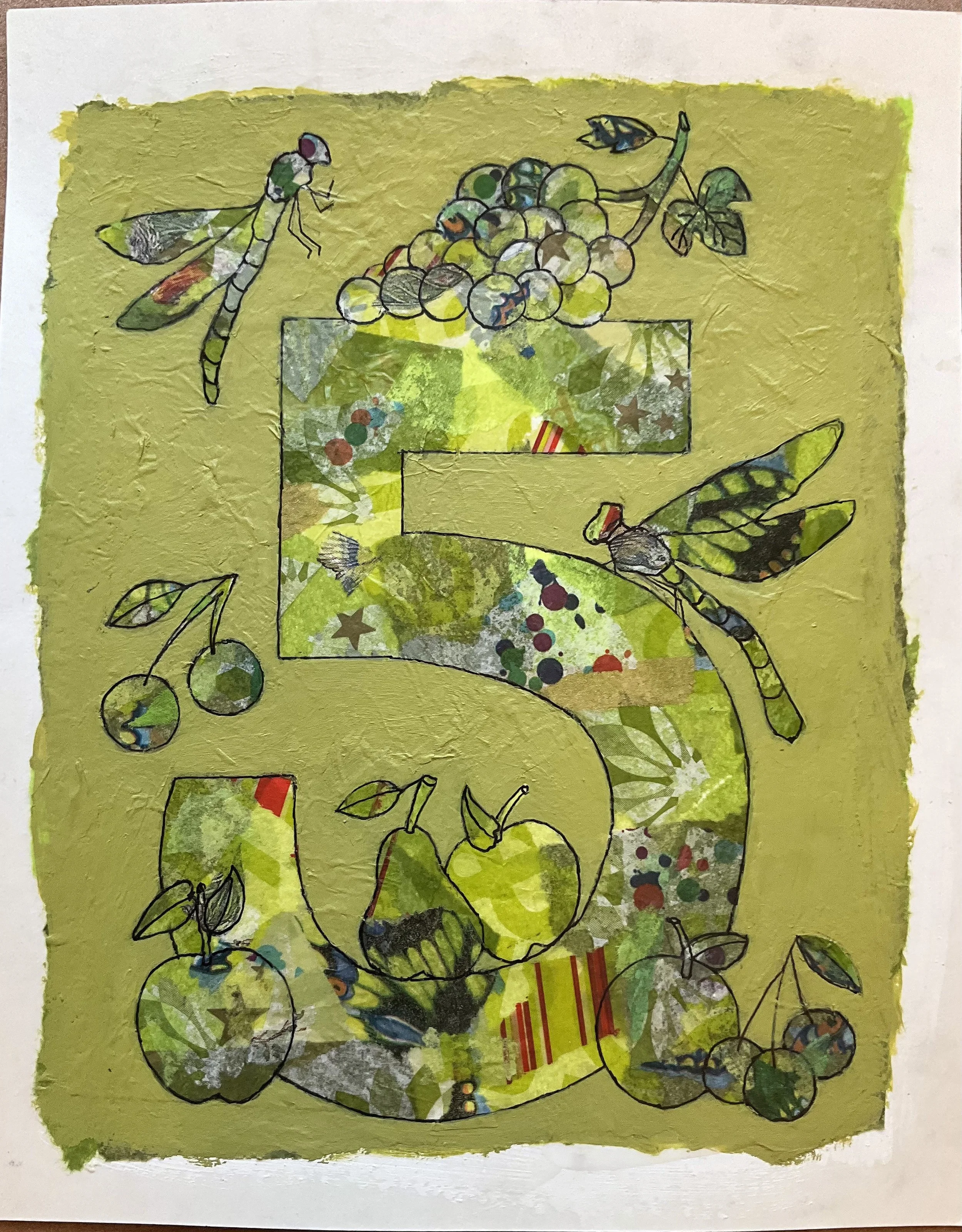 Number 5  
2026   
acrylic, pen, ink and collage   
8” w x 10 h” unframed, 12” w x 14” h framed   
$300