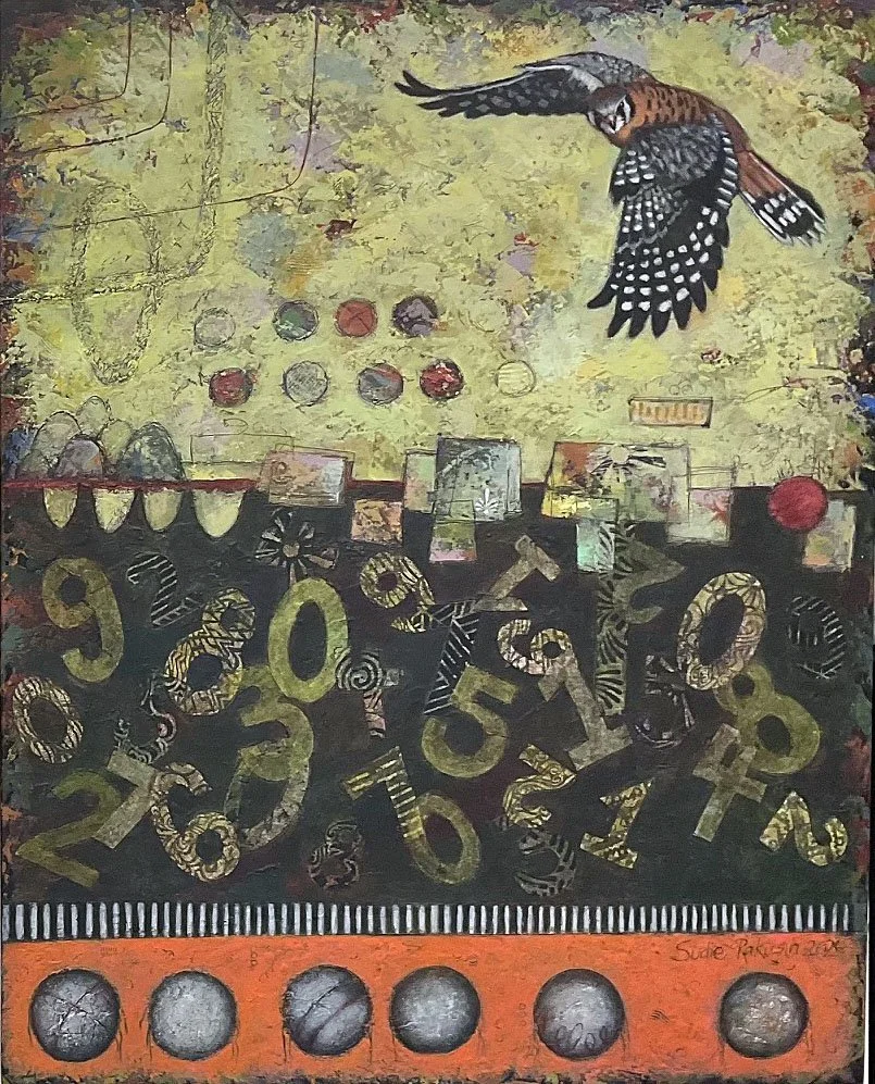 ‘Each number vibrates with its own particular essence; the underlying vocabulary of the Universe’   
Diptych 1  
 2026   
Cold wax and oil and collage   
30” h x 24”  
$2,200