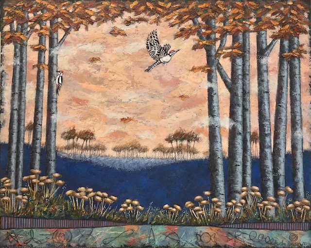 'There Exists a Secret Vibrational Language in Nature’ 11: Trees, Mushrooms and Distant Forests  
cold wax and oil  
24” x 30”    
$2,400