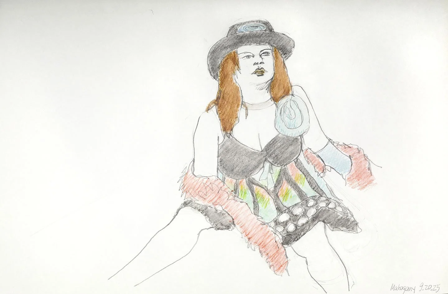 Mahogany 2   
2025   
graphite and colored pencil   
12” w x 18 h” unframed  
14” w x 20” h framed   
$300