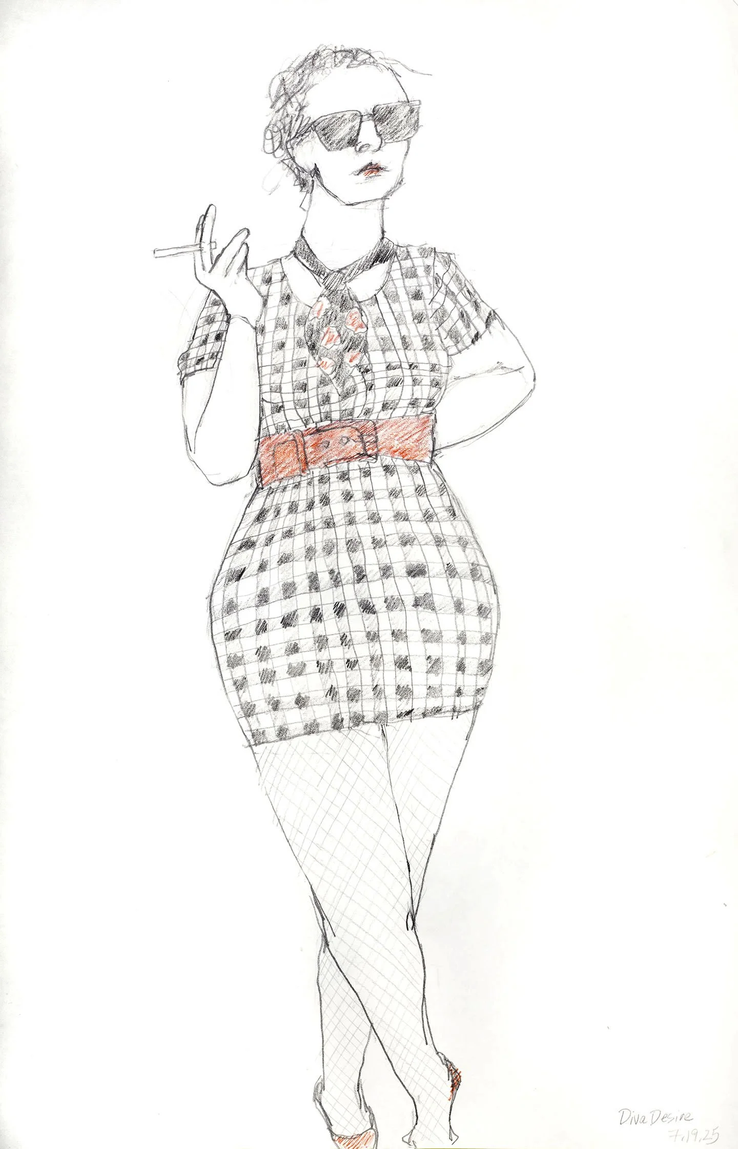 Diva Desire 4  
 2025   
graphite and colored pencil   
12” w x 18 h” unframed  
14” w x 20” h framed   
$300