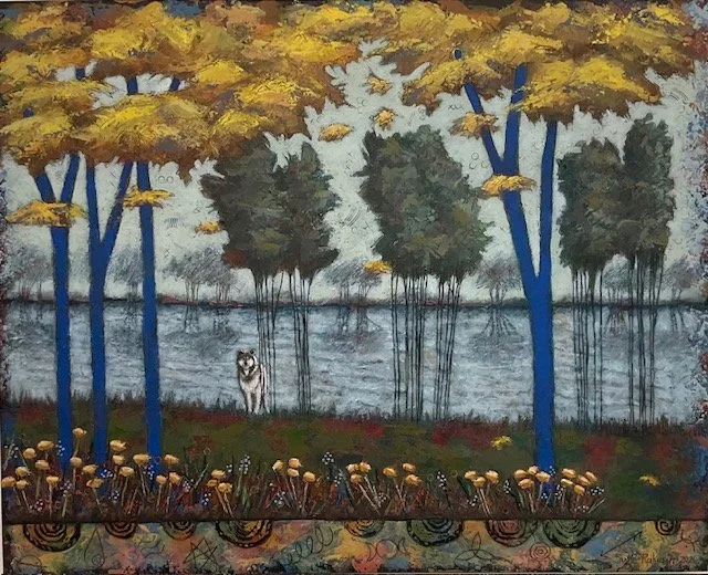 'There Exists a Secret Vibrational Language in Nature’ 12: Trees, Lake, Mushrooms and Distant Forests  
cold wax and oil  
24” x 30”    
$2,400