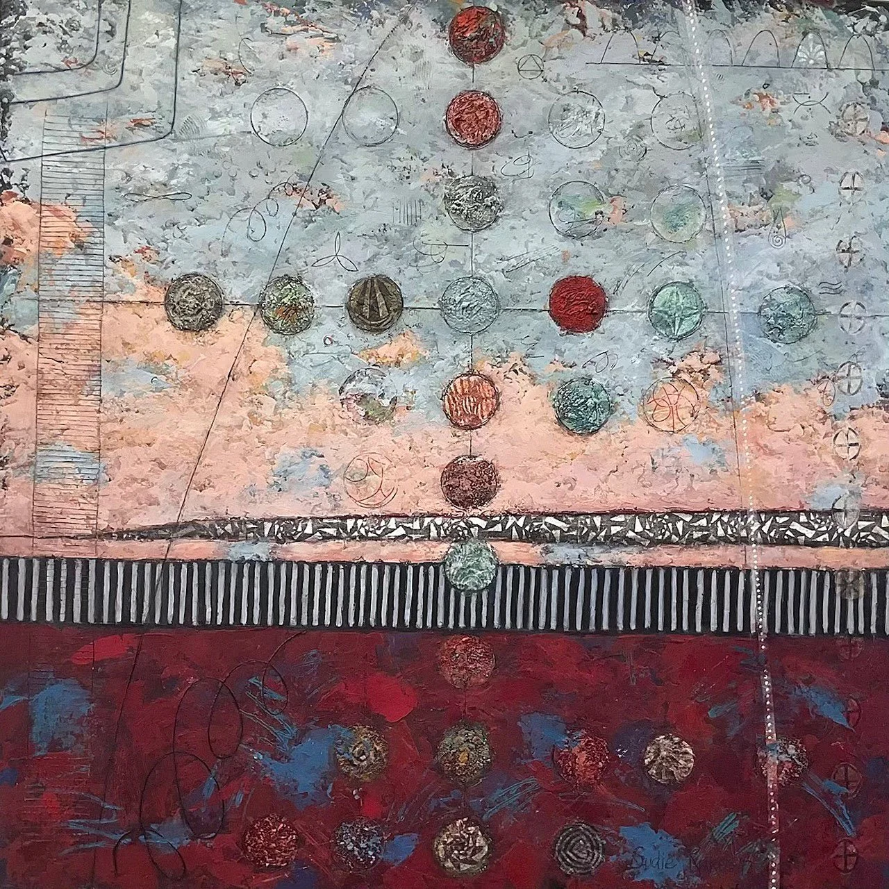 ‘There exists a secret Vibrational Language in Nature’  
Triptych 2 - Middle   
30” x 30”   
Cold wax, oil, collage   
$2,800