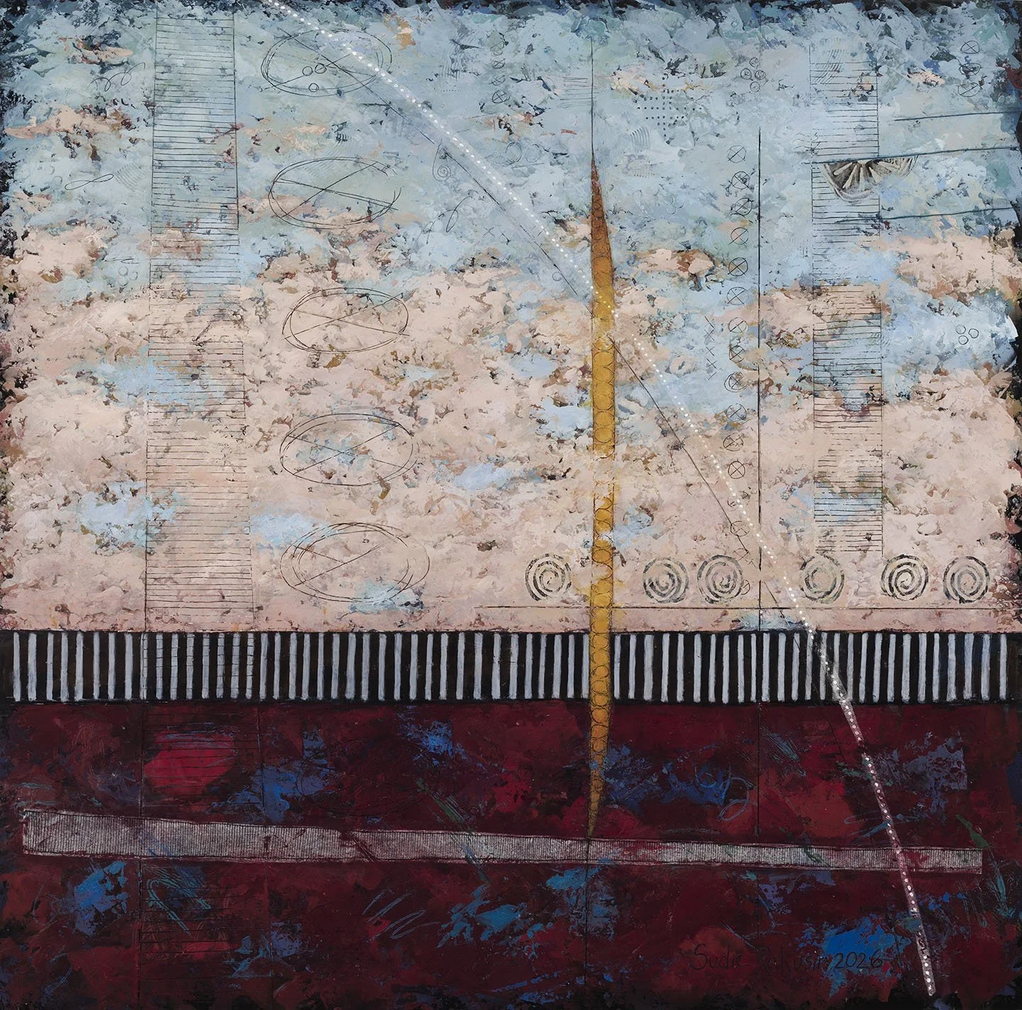 ‘There Exists a Secret Vibrational Language in Nature’  
Triptych 1 - Left   
cold wax, oil, collage   
30” x 30”   
$2,800