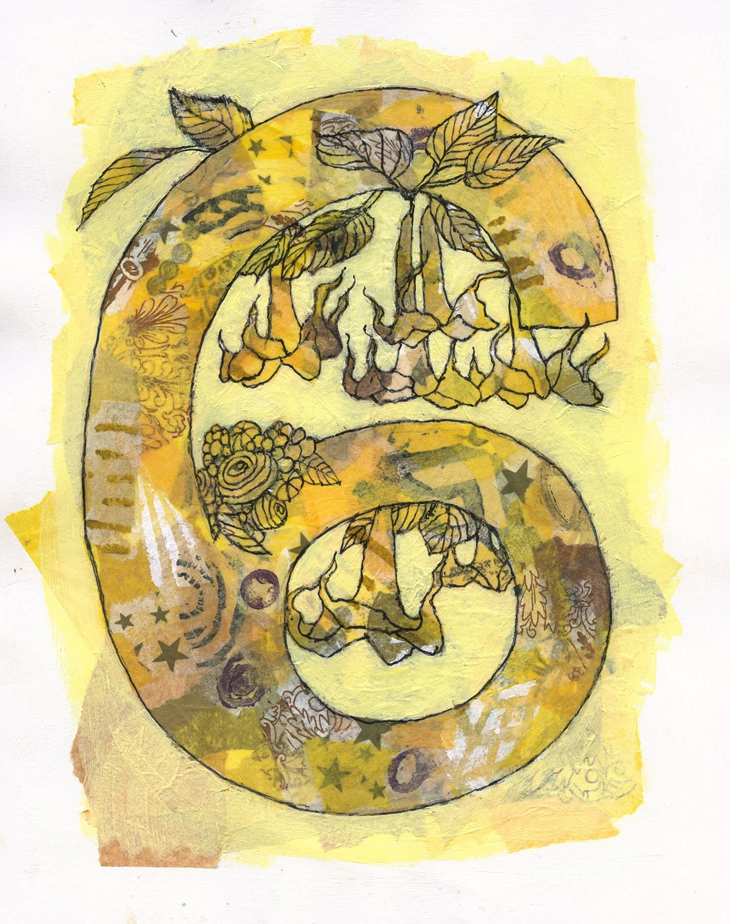 Number 6   
2026   
acrylic, pen, ink and collage   
8” w x 10 h” unframed  
12” w x 14” h framed   
$300