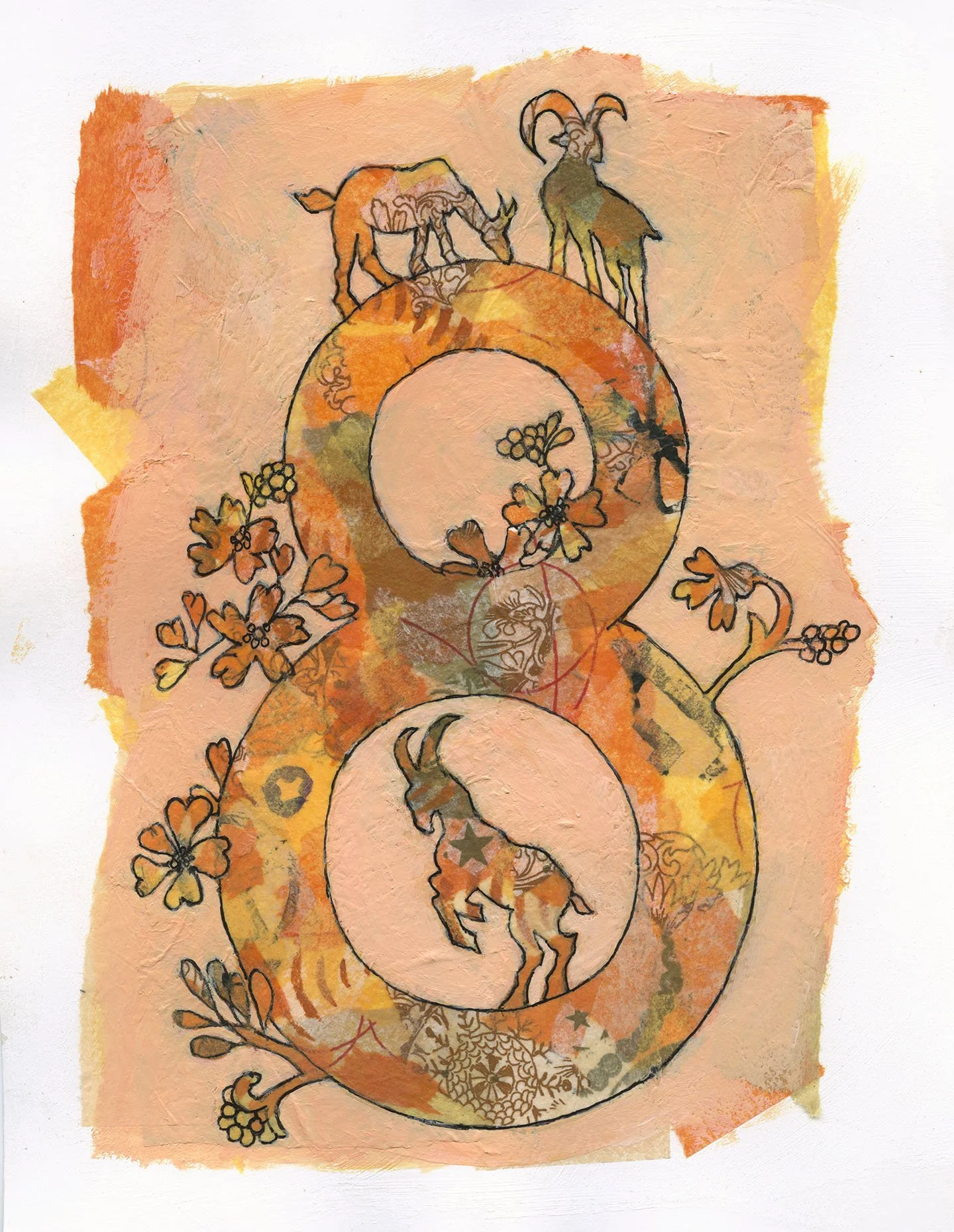 Number 8   
2026   
acrylic, pen, ink and collage   
8” w x 10 h” unframed  
12” w x 14” h framed   
$300 