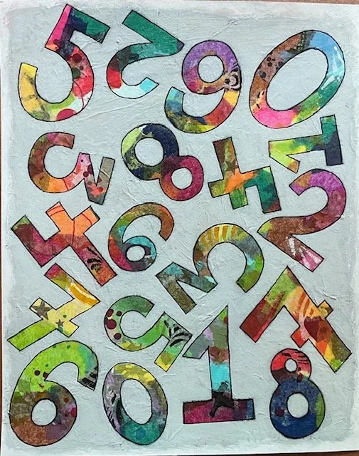 Batch of Numbers    
2026   
acrylic, pen, ink and collage   
8” w x 10 h” unframed, 12”w x 14” h framed  
 $300