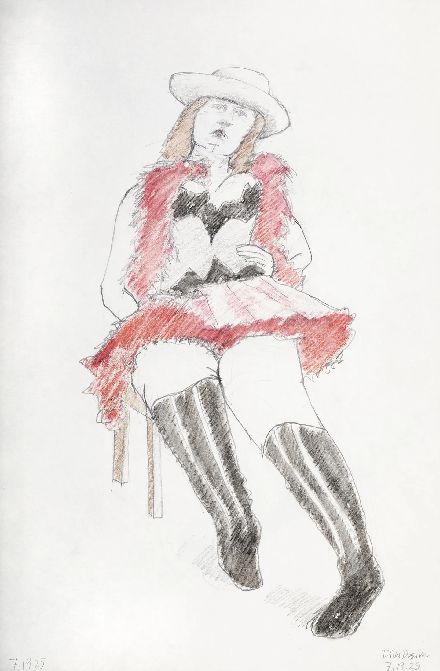 Diva Desire 3   
2025    
graphite and colored pencil    
12” w x 18 h” unframed   
14” w x 20” h framed    
$300
