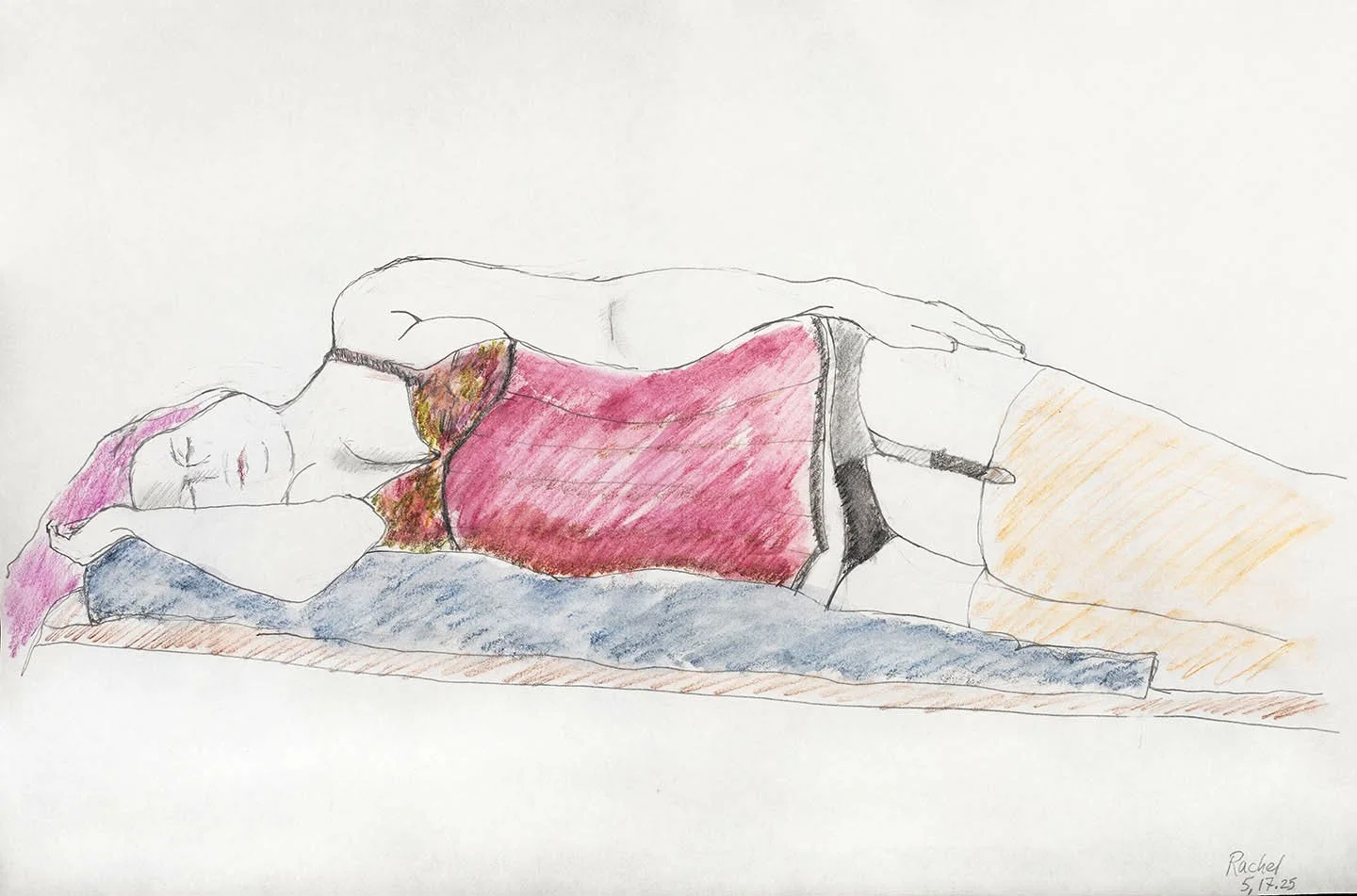 Rachel   
2025    
graphite and colored pencil    
12” w x 18 h” unframed   
14” w x 20” h framed    
$300