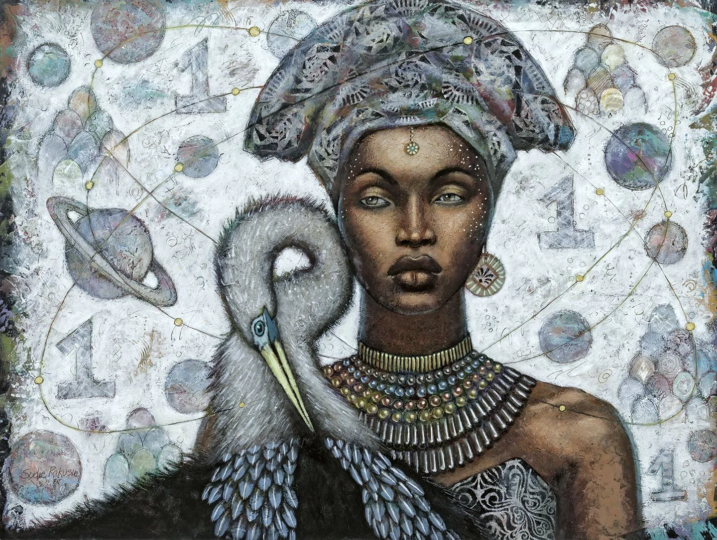 Number 1: Connected to Infinite Source,  co-creating with Divinity, follow your heart  
2026  
Cold wax and oil and collage  
18” h x 24” w  
$1,600